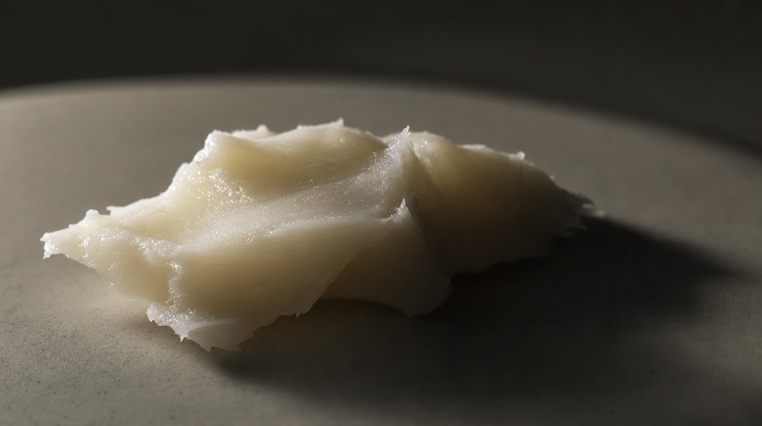 Dab of ivory tallow balm on a matte ceramic dish