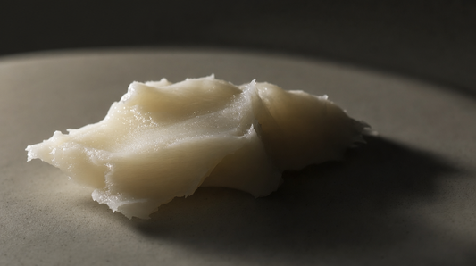 Dab of ivory tallow balm on a matte ceramic dish