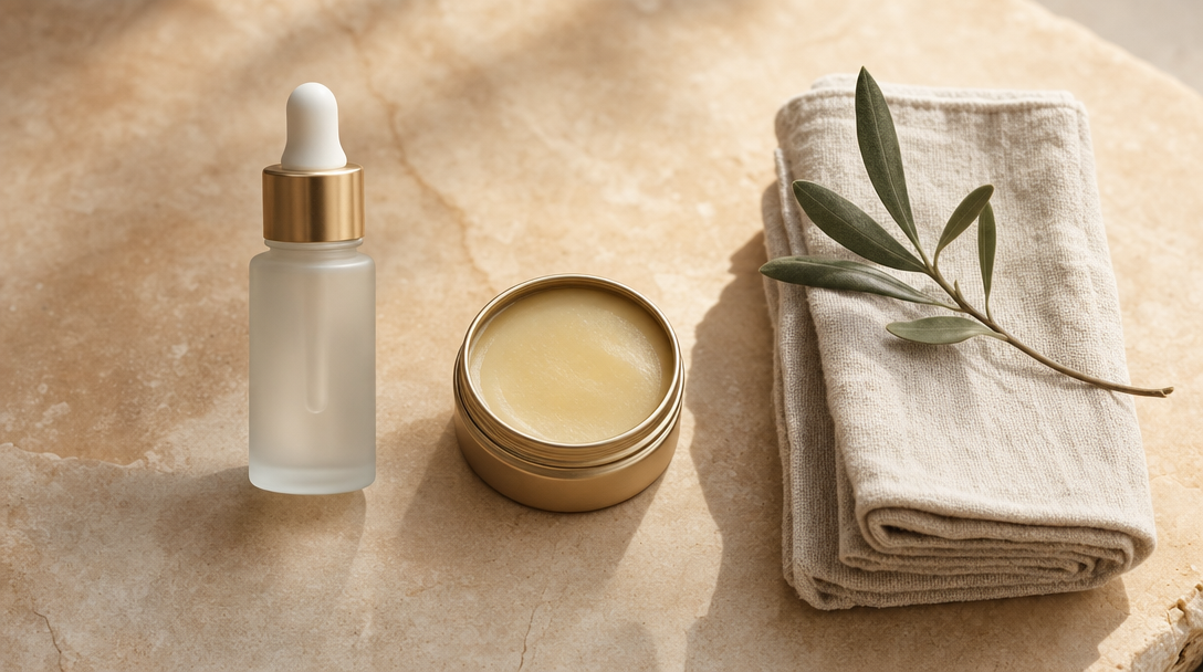 Simple tallow skincare routine flat-lay for sensitive skin