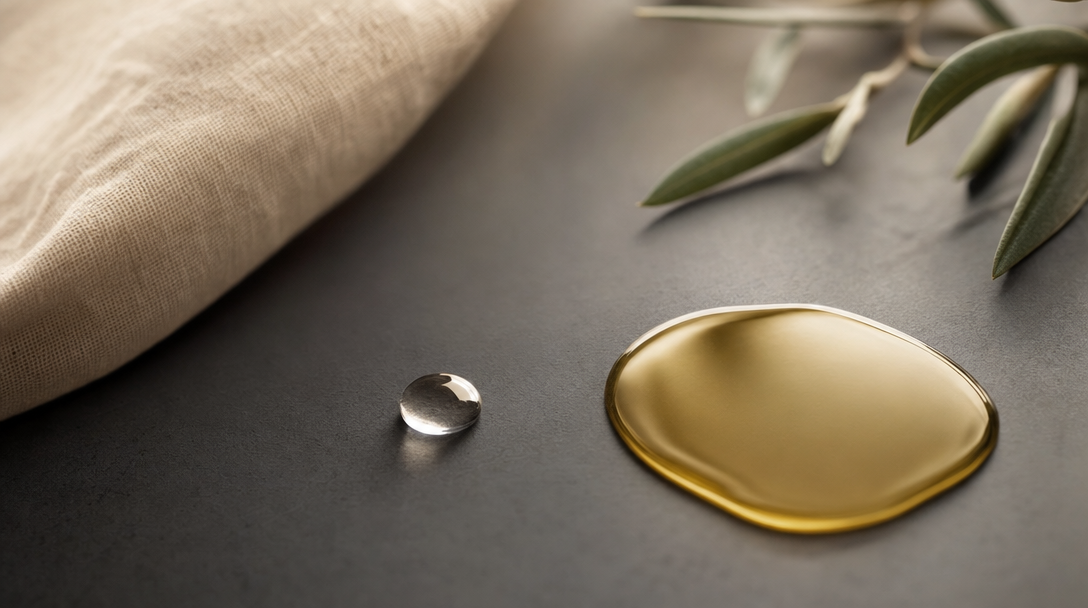 Water droplet beside golden oil that won't mix — waterless skincare