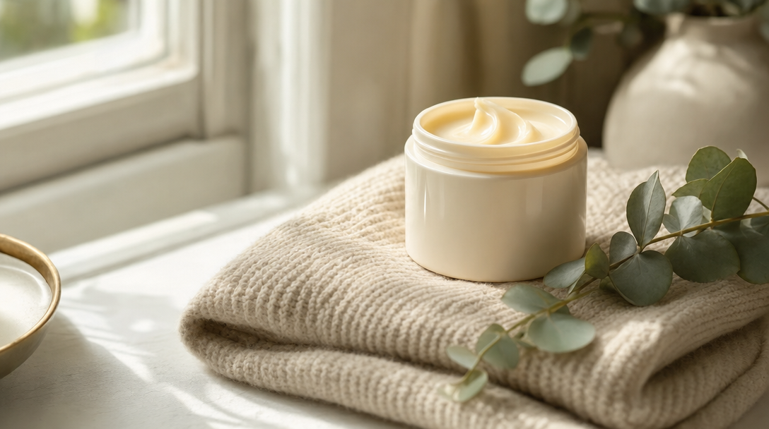 Ivory balm and eucalyptus by a window — pregnancy-safe skincare