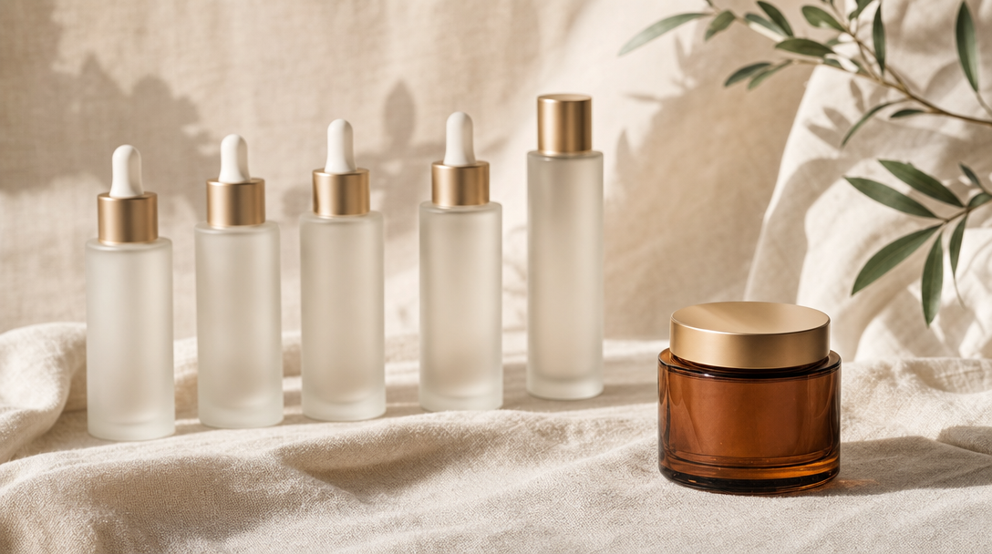 Simple amber jar beside a row of conventional bottles — plain-English skincare