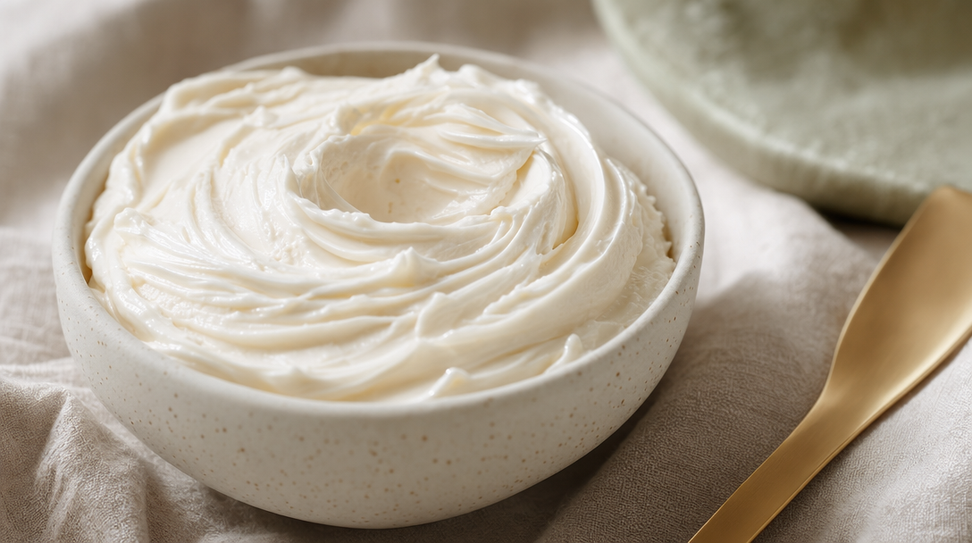 Whipped ivory body butter texture — alcohol- and fragrance-free for reactive skin