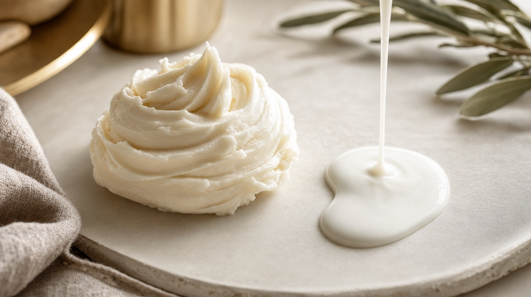 Whipped body butter versus thin lotion — texture comparison