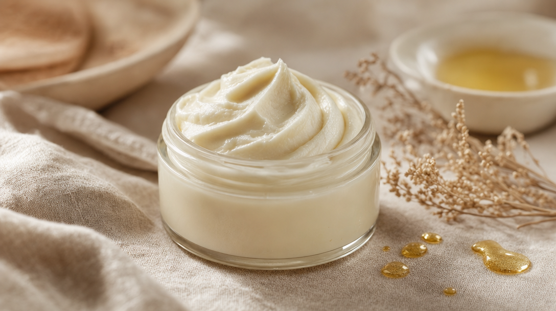 Whipped tallow body butter texture still life — gentle moisturizer often used for stretch marks