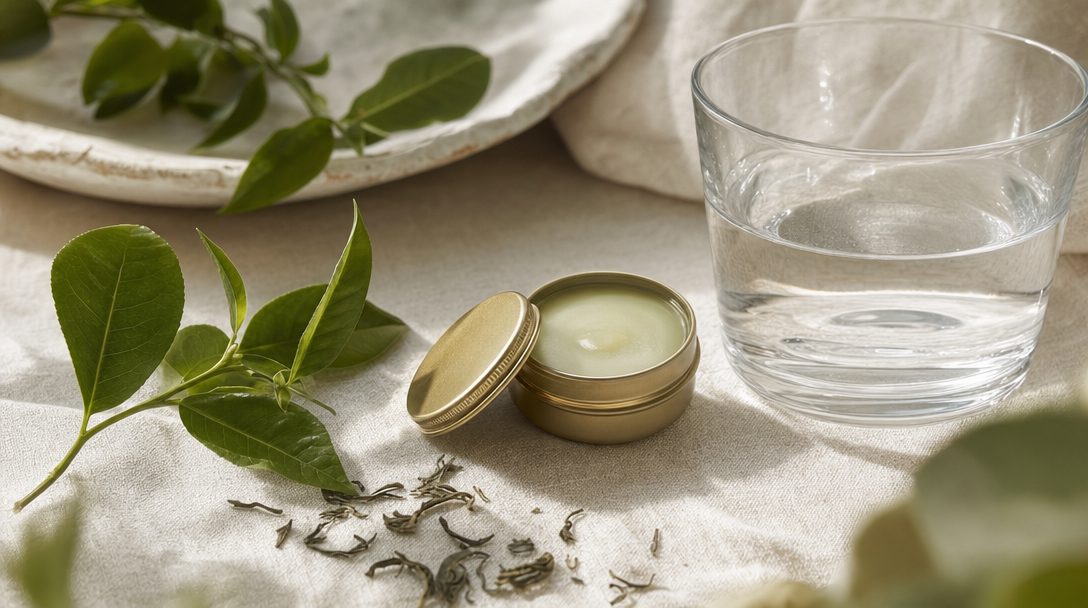 Balm tin with green tea and water — simple skincare for teen acne