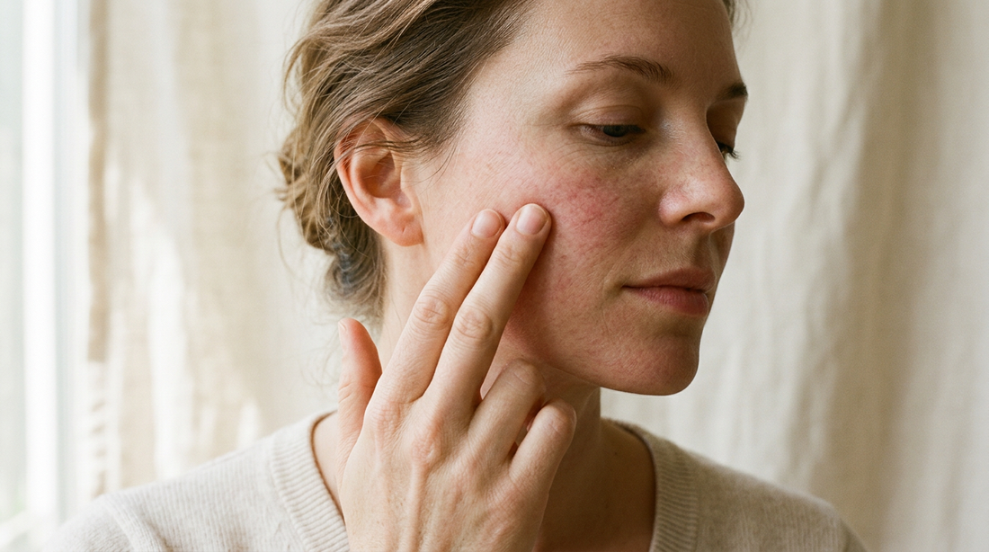 Hand gently touching rosacea-prone cheek — tallow skincare for sensitive reactive skin