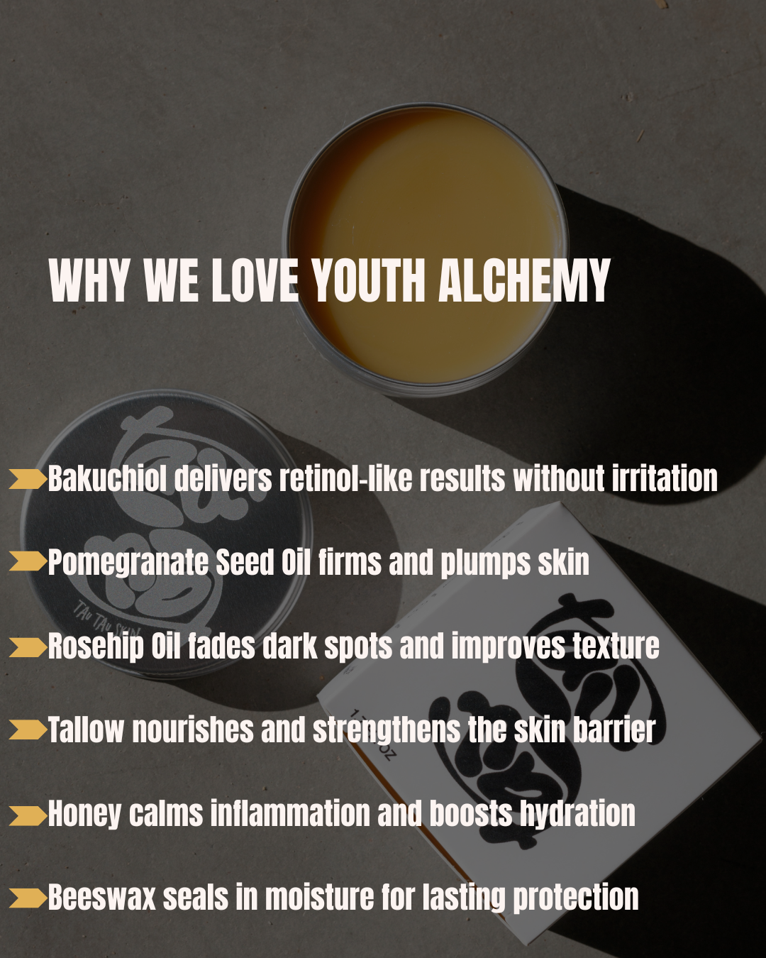 Youth Alchemy tin with ingredient benefits — bakuchiol delivers retinol-like results without irritation, plus pomegranate seed oil, rosehip oil, tallow, honey, beeswax