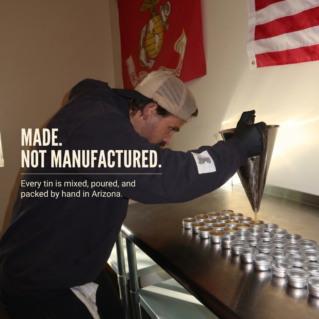 Tau Tau founder hand-packing Youth Alchemy serum tins in Arizona