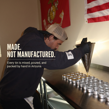 Tau Tau founder hand-packing Youth Alchemy serum tins in Arizona