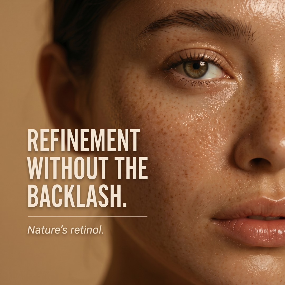 Tau Tau Youth Alchemy natural retinol alternative serum — close-up of clear, freckled skin