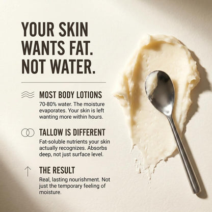 Unscented tallow body butter with spoon — fat-based, water-free