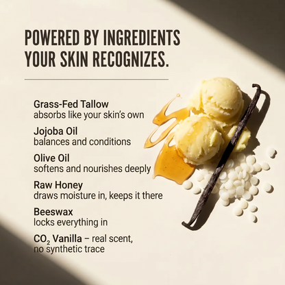 Vanilla body butter ingredients — grass-fed tallow, jojoba, olive oil, raw honey, beeswax