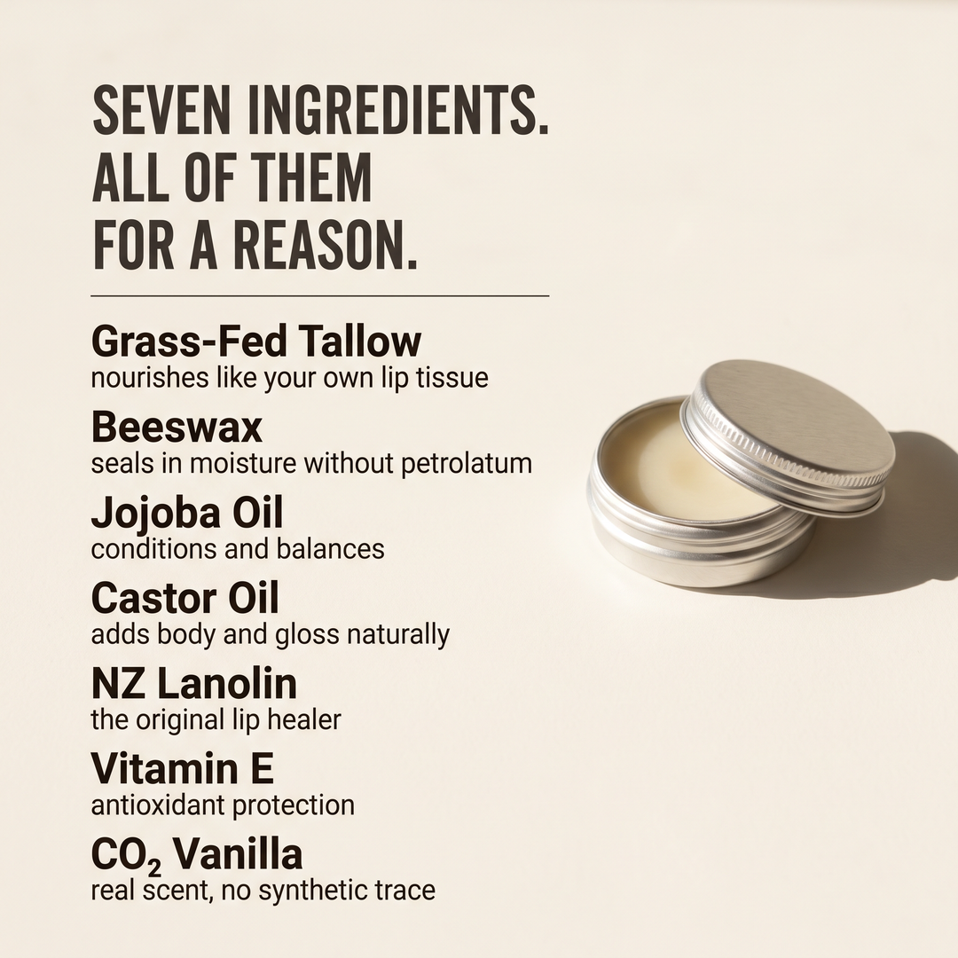 Tau Tau lip balm ingredients — grass-fed tallow, beeswax, jojoba, castor oil, lanolin, vitamin E, vanilla