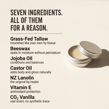 Tau Tau lip balm ingredients — grass-fed tallow, beeswax, jojoba, castor oil, lanolin, vitamin E, vanilla