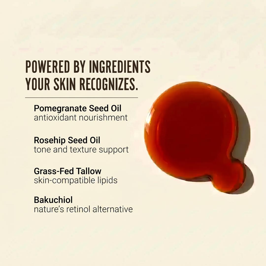 Youth Alchemy ingredients — pomegranate seed oil, rosehip seed oil, grass-fed tallow, bakuchiol