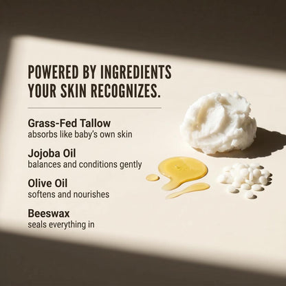 Baby Whip ingredients — grass-fed tallow, jojoba oil, olive oil, beeswax