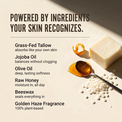 Golden Haze body butter ingredients — grass-fed tallow, jojoba, olive oil, raw honey, beeswax