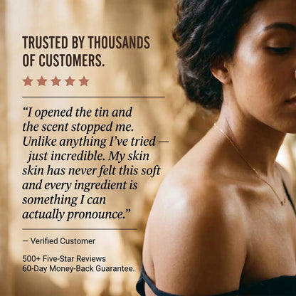 Woman with soft skin using Tau Tau Golden Haze body butter