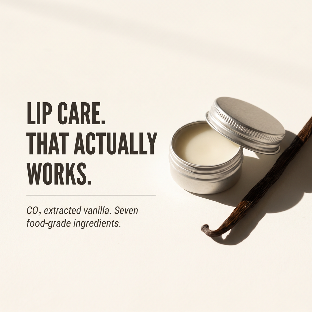 Tau Tau tallow lip balm open tin with a real vanilla bean