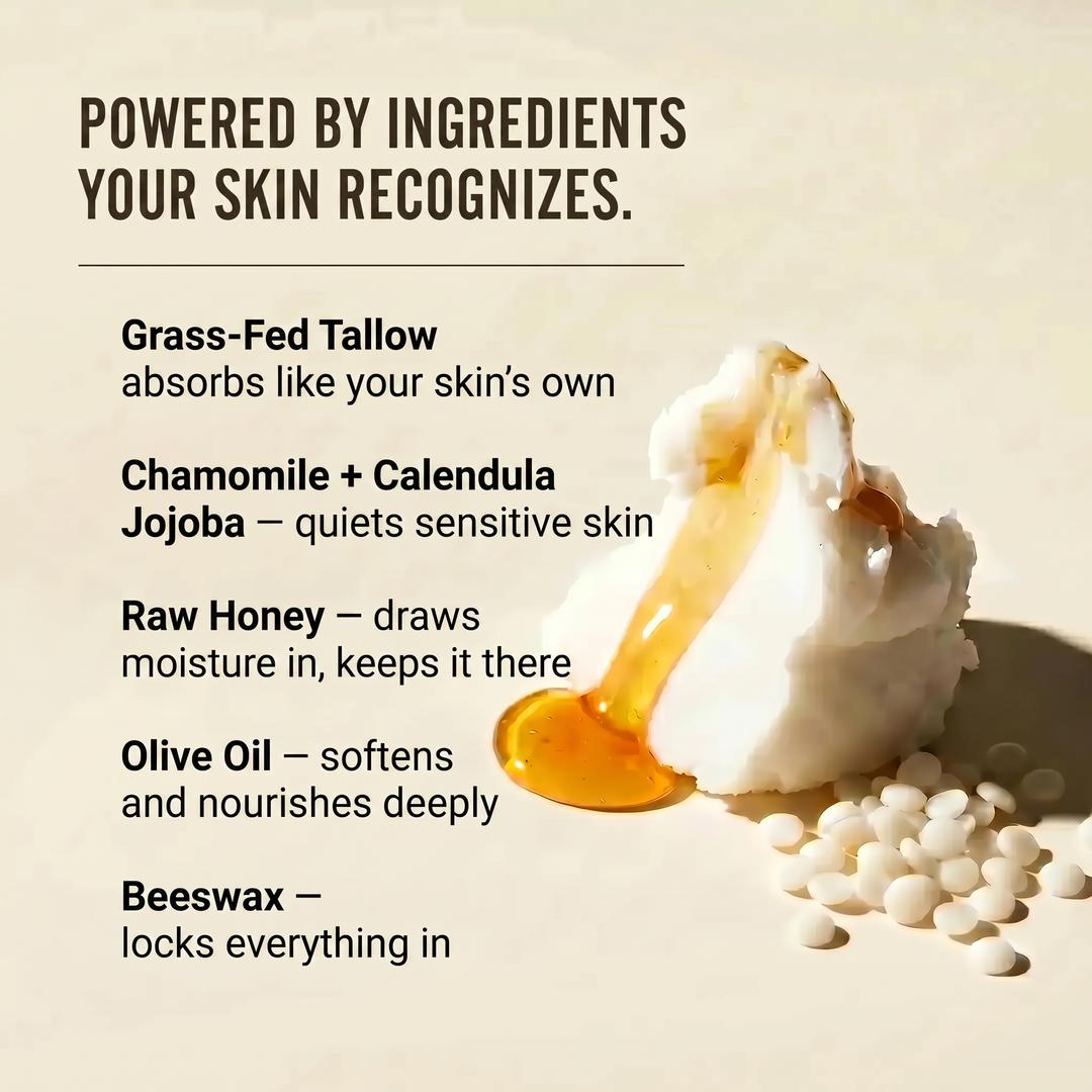 Unscented body butter ingredients — grass-fed tallow, jojoba, olive oil, beeswax