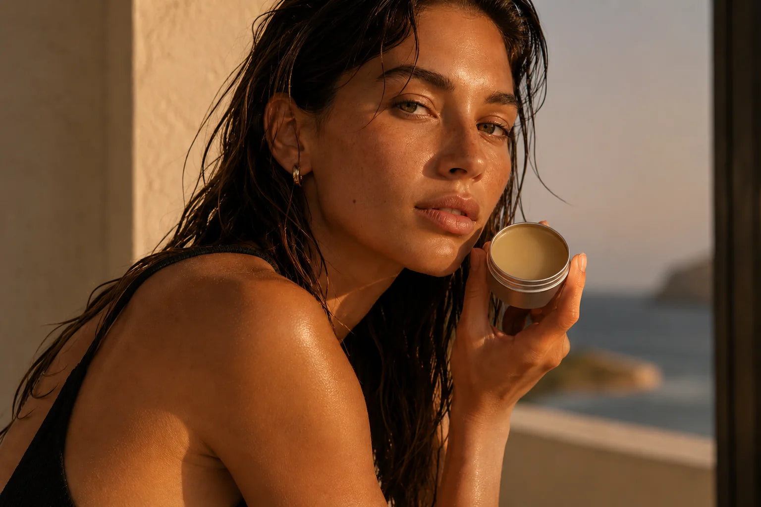 Woman holding a jar of tau tau tallow by the beach